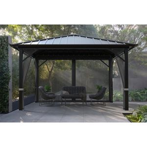 Outsunny tuinpaviljoen paviljoen tuintent feesttent partytent met 4 x zijwanden weerbestendig metaal polyester beige 3 x 3 x 2,6 m