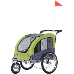 Hondenfietskar - Fietskar -Hondenaanhanger - Buggyfunctie -Geveerd en geremd - Groen/Grijs - 130 x 90 x 110