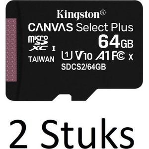 2 Stuks Kingston Technology Canvas Select Plus flashgeheugen 64 GB MicroSDXC Klasse 10 UHS-I - inclusief SD Adapter