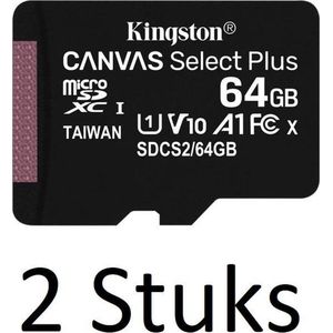 2 Stuks Kingston Technology Canvas Select Plus flashgeheugen 64 GB MicroSDXC Klasse 10 UHS-I - inclusief SD Adapter