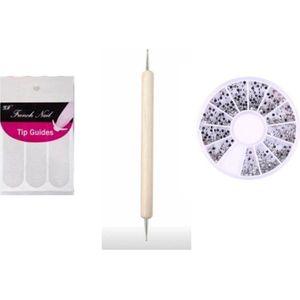 Nail Art 3D Set Zilver - Strass 1200 stuks Zilver + Nail Art Dotter Penseel + 51 stuks French Manicure stickers