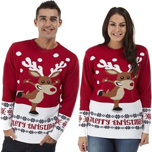 Foute Kersttrui voor Dames & Heren - Rendier Rudolf Op Schaatsen - Kerst trui Rood voor Mannen & Vrouwen Maat S - Unisex