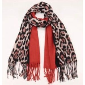 Dames lange sjaal warm met panterprint roodbruin/beige/zwart