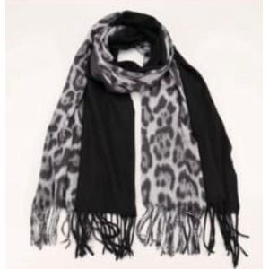 Dames lange sjaal warm met panterprint zwart/grijs
