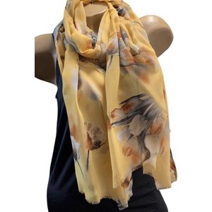 Dames sjaal bloemenprint met gouden glans 180/75cm geel