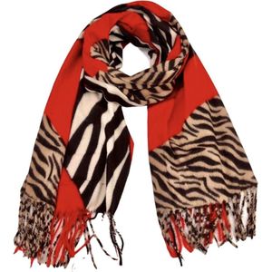 Dames lange sjaal warm met zebra/tijgerprint rood/zwart/wit/beige