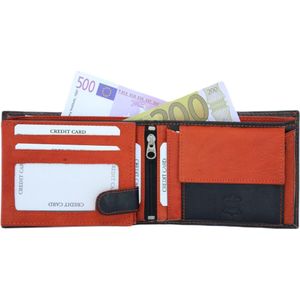 Heren portemonnee 100% Leer - Zwart met Oranje - Compacte Portemonnee - Echt Leer - Billfold Heren