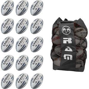 RAM Rugby 15x Raider Match 2.0 bal + Ballenzak, topkwaliteit RAM Rugby wedstrijdballen Maat 5, Zwart, Tas: Breathable RAM® Engeland - Uniek 3d Grip techn. Prof.