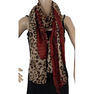 Dames lange sjaal panterprint bruin/donkerrood