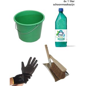 Schoonmaakpakket TUIN | 6 liter Groenland Schoonmaakazijn, 12 liter emmer, Stoffer en blik metaal, 1 paar werkhandschoenen