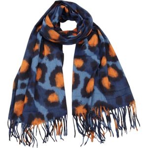 Dames lange warme sjaal met panterprint blauw/oranje