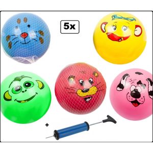 5x Speelbal dierengezicht 23 cm in verschillende kleuren met ballenpomp - voetbal speelbal strand straat bal schoencadeautjes sinterklaas