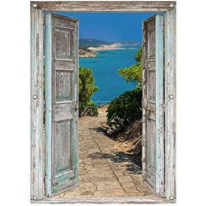 Tuindoek - doorkijk - 95x130 cm - openslaande deuren - zee - tuinposter voor buiten