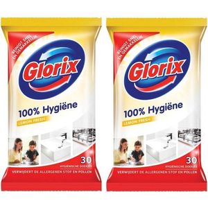 GLORIX Lemon Fresh 100% Hygiëne - 2 pak x 30 Hygiëne doekjes – voordeelverpakking – schoonmaak – verwijdert de allergenen stof en pollen !!!