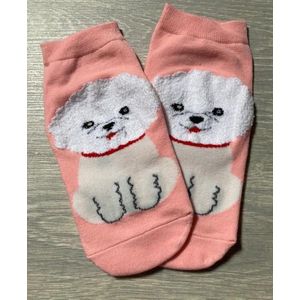 Roze enkelsokken Cartoon style met witte hond Unisex Maat 36-41