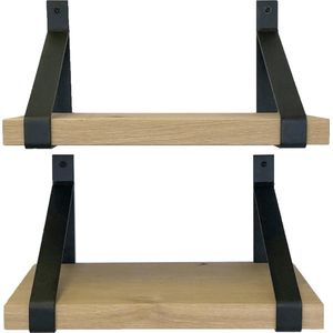 GoudmetHout Prijstopper - Set Eiken Wandplanken - Industrieel Wandrek - 50x25 cm - Industriële Plankdragers - Staal - Mat Zwart