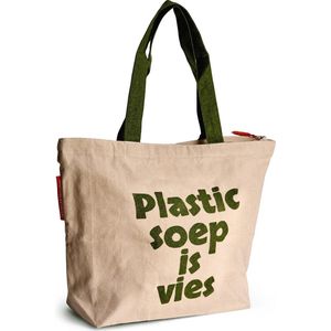 Shopper / strandtas met rits van NoMorePlastic - Plastic Soep Is Vies - Duurzaam - Gerecycled bedlinnen - Cadeau voor vrouw - Cadeau voor man