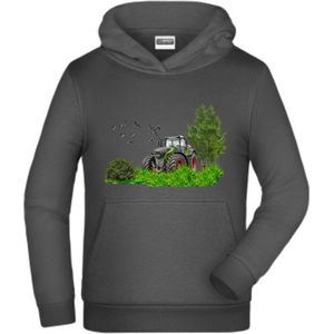 Grijze hoodie met tractor -James & Nicholson-110/116-Hoodie jongens