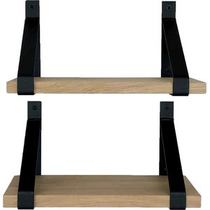 GoudmetHout Prijstopper - Set Eiken Wandplanken - Industrieel Wandrek - 50x20 cm - Industriële Plankdragers - Staal - Mat Blank