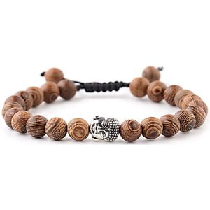 Kralenarmband met bruine houten kralen en boedha, schuifknoop