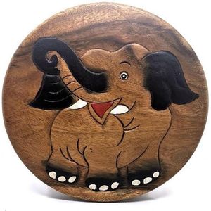 Kinderkrukje met olifant - Volledig handgemaakt en beschilderd - Acaciahout 25x25x27 cm