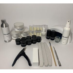Callance Starterspakket Acryl + 8 colors, Starter kit Gelnagels met LED lamp, Acryl Natural Cover, Acryl White, Acryl Soft pink, UV Topcoat, Superbond, Tips, Tipslijm, Tipknipper, Kwast, Cuticle Pusher, Vijlen, Sanitizer
