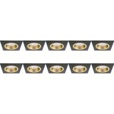 Spot Armatuur 10 Pack - Pragmi Rodos Pro - GU10 Inbouwspot - Vierkant - Zwart/Goud - Aluminium - 93mm