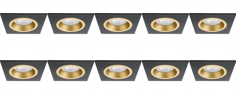 Spot Armatuur 10 Pack - Pragmi Rodos Pro - GU10 Inbouwspot - Vierkant - Zwart/Goud - Aluminium - 93mm