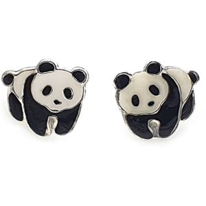 Zilveren oorknopjes met zwart wit panda beertje 10 mm