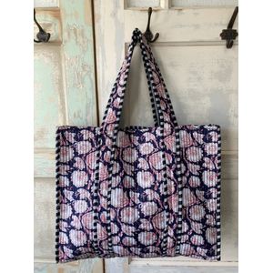 Tas - Quilttas - Shopper - Kantha - Gewatteerde Indiase Quilt Tas - blauw - roze