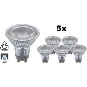 5 PACK - GU10 LED Spot 3w, 240 Lumen, 4000K Neutraal Wit, Glas, Dimbaar, Lichthoek: 60°