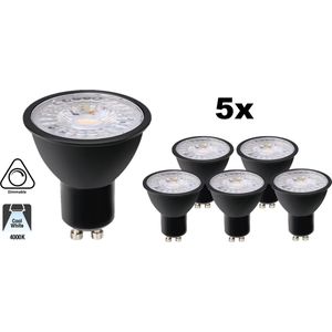 5 PACK - GU10 LED Spot ZWART 3w, 240 Lumen, 4000K Neutraal Wit, Dimbaar, Lichthoek: 60°