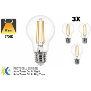 3 PACK - E27 7w Led Filament Lamp, 2700K, 806 Lumen, Dag/Nacht Sensor