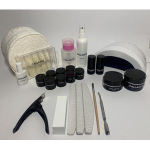 Callance Starterspakket UV Gel Standaard + 8 colors, Starter kit Gelnagels met LED lamp, UV Base Gel, UV Builder Gel Mystic Clear, UV Topcoat, Superbond, Tips, Tipslijm, Tipknipper, Kwast, Cuticle Pusher, Vijlen, Sanitizer, Cleanser, Celstofdeppers