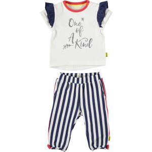 BESS - kledingset - 2delig - Broekje met blauw wit gestreept - Shirt wit met roesjes - Maat 50