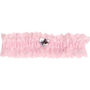 Roze kousenband met kant en hartje strass