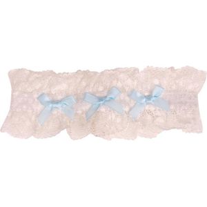 Kousenband ivoor met broderie en blauwe strikjes