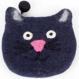 Vilten portemonnee kattenkop donkerblauw 10x13cm