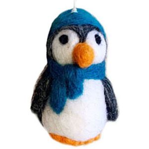 Vilten hanger pinguin met sjaal blauw - 7cm