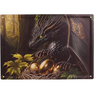 Metalen Bord reliëf - Fantasy Draak Zwart/Goud in Bos met Gouden Eieren - 40,5x28cm