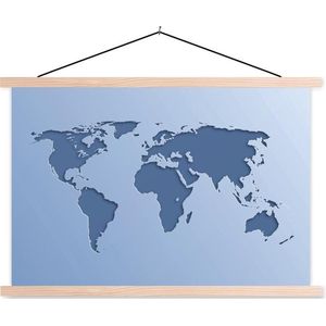 Posterhanger incl. Poster 150x100 cm - Schoolplaat - Wereldkaart - Blauw - Simpel - Textielposter - Blanke latten