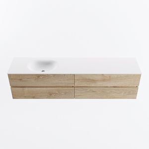Mondiaz vica 200 cm badmeubel onderkast washed oak 4 lades. Wastafel moon links 1 kraangat, kleur talc.