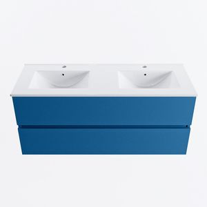 Mondiaz vica 120 cm badmeubel onderkast jeans 2 lades. Wastafel denia dubbel 2 kraangaten, kleur glanzend wit.