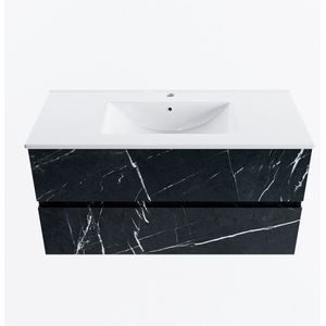 Mondiaz vica 100 cm badmeubel onderkast marquina 2 lades. Wastafel denia midden 1 kraangat, kleur glanzend wit.