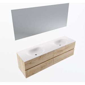 Mondiaz vica 170 cm badmeubel onderkast washed oak 4 lades. Wastafel moon dubbel zonder kraangat, kleur talc met spiegel led.