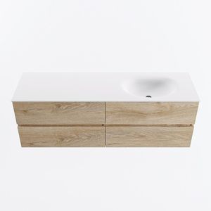Mondiaz vica 150 cm badmeubel onderkast washed oak 4 lades. Wastafel moon rechts zonder kraangat, kleur talc.