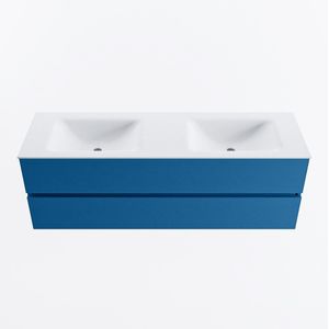 Mondiaz vica 150 cm badmeubel onderkast jeans 2 lades. Wastafel cloud dubbel 2 kraangaten, kleur talc.