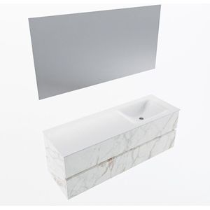 Mondiaz vica 140 cm badmeubel onderkast carrara 2 lades. Wastafel cloud rechts 1 kraangat, kleur talc met spiegel led.