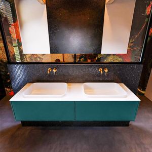 Badkamermeubelset mondiaz erin 150 cm met 2 lades met ridge wastafel dubbel talc zonder kraangaten greeploos mat smag