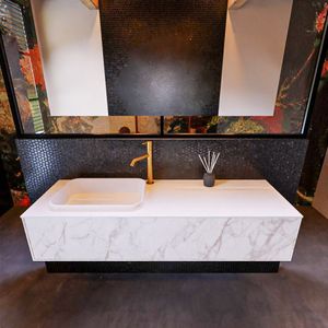 Mondiaz Erin 150cm badmeubel Carrara met 1 lade en witte wastafel links 1 kraangat